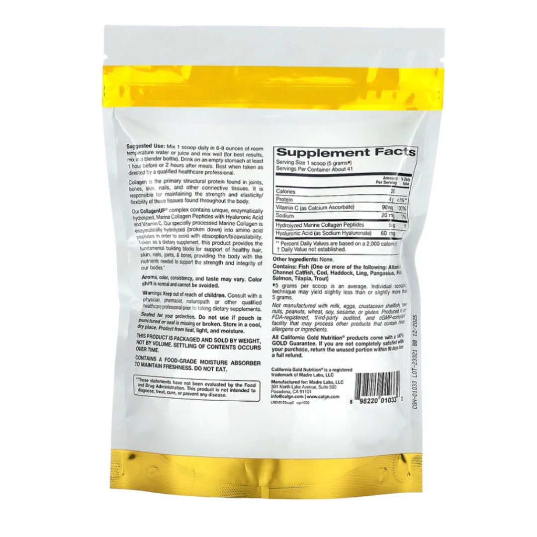 California Gold Nutrition, CollagenUP, Peptides de collagène marin hydrolysé à l'acide hyaluronique et à la vitamine C, Non aromatisés, 206g