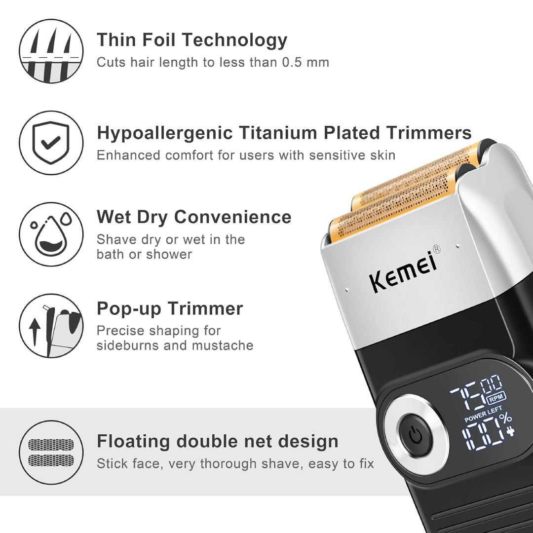 Kemei KM-2026 - Rasoir électrique professionnel pour hommes, conçu pour les cheveux, la barbe et le rasage des têtes chauves