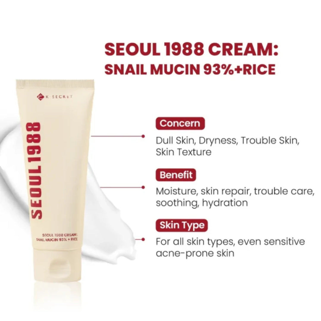 KSECRET – SEOUL 1988 CREAM SNAIL MUCIN 93 + RICE – 150 ml