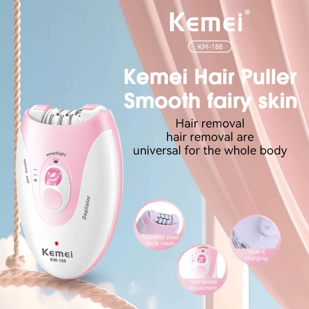 Kemei KM- 188 Épilateur électrique rechargeable Kemei pour femmes : visage, maillot, corps, jambes, pubis, aisselles et bras.