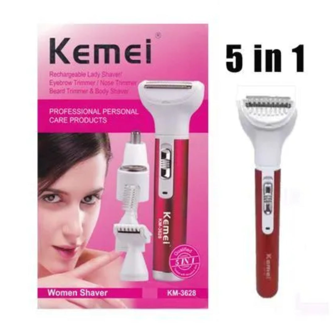 Kemei KM-3628 Épilateur Femme 5 en 1 – Rasoir Électrique Multifonction Indolore Rechargeable USB, Têtes Interchangeables