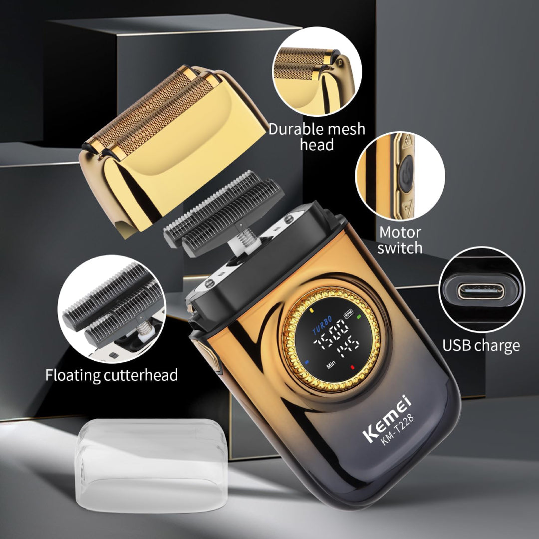 KEMEI KM-T228 Rasoir Electrique a grille pour homme sans fil rechargeable avec écran LED 3vitesses sec et humide