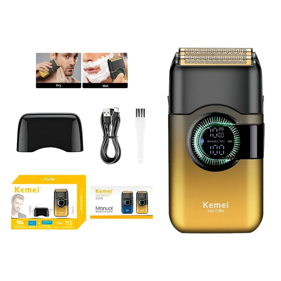 Kemei KM-T389 Rasoir electrique a grille pour homme double lame flottante pour estomper peau et barbe rechargeable