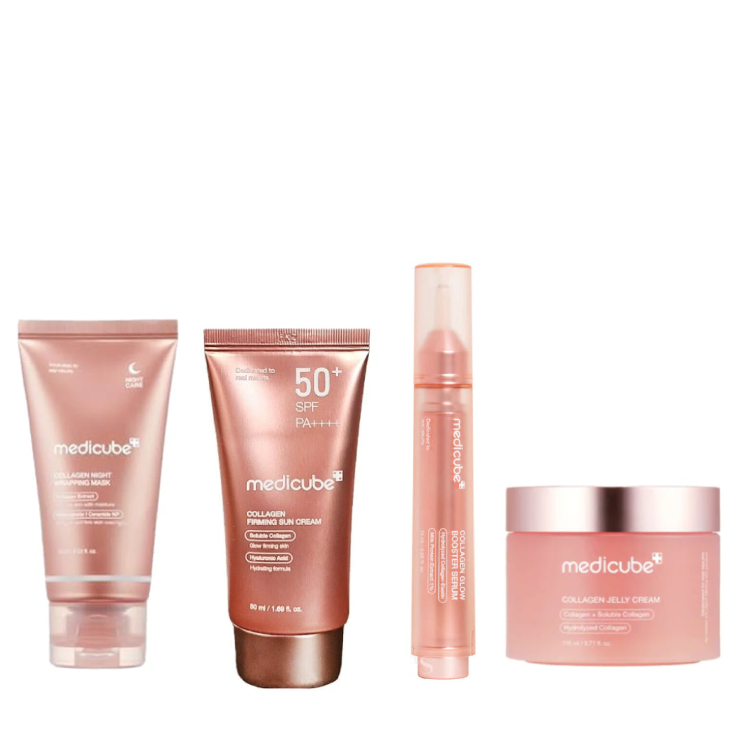 PACK COMPLET MEDICUBE – (Collagen Night Wrapping Mask+Collagen Farming Sun Cream SPF50+Collagen Jelly Cream+Collagen Glow Booster Serum)