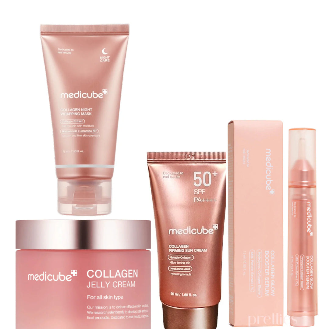 PACK COMPLET MEDICUBE – (Collagen Night Wrapping Mask+Collagen Farming Sun Cream SPF50+Collagen Jelly Cream+Collagen Glow Booster Serum)