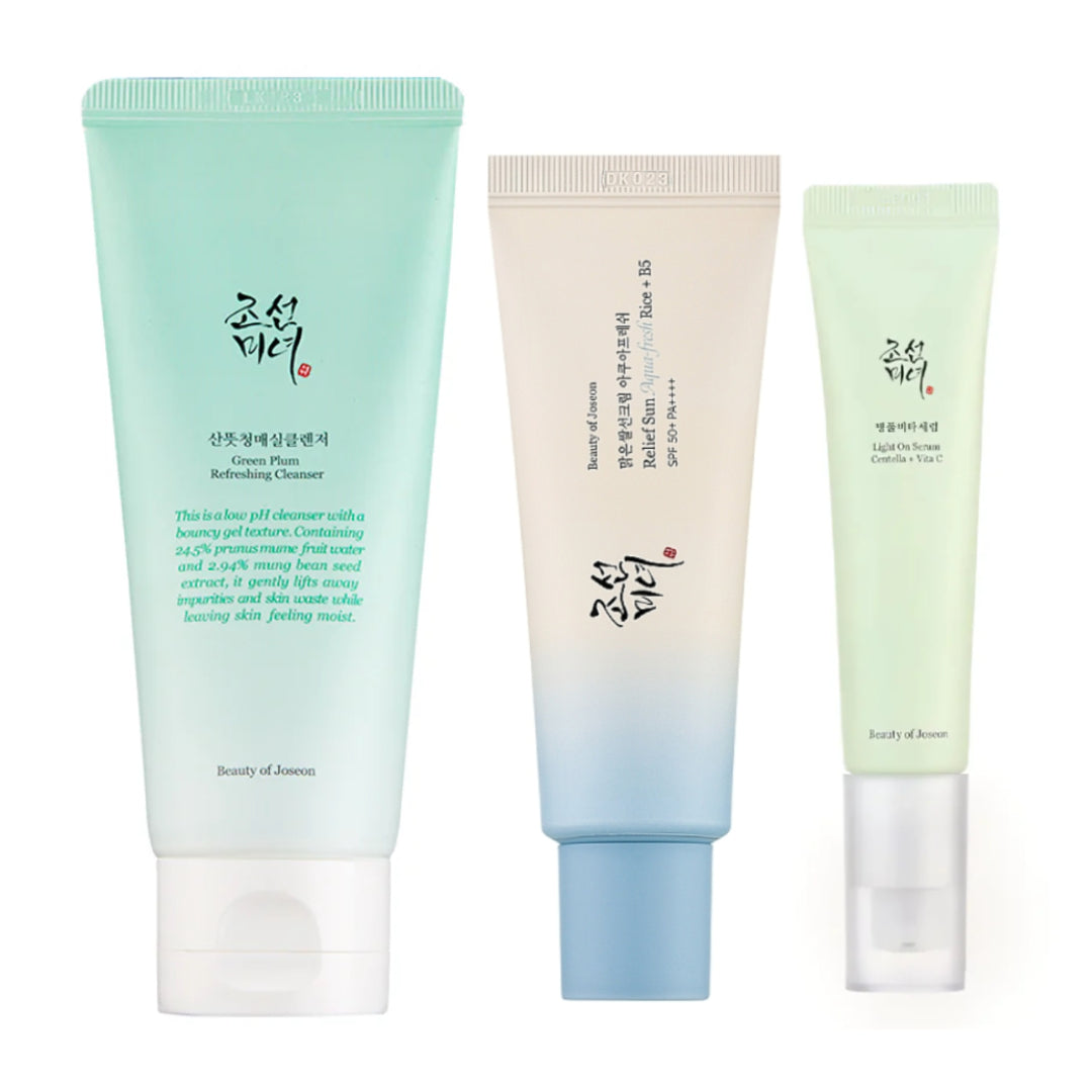 Pack Complet Beauty of Joseon – ( Green Plum Refreshing Cleanser + Light On Serum (Centella + Vita C)+ Relief Sun (Rice + Probiotics, SPF50+ PA++++))