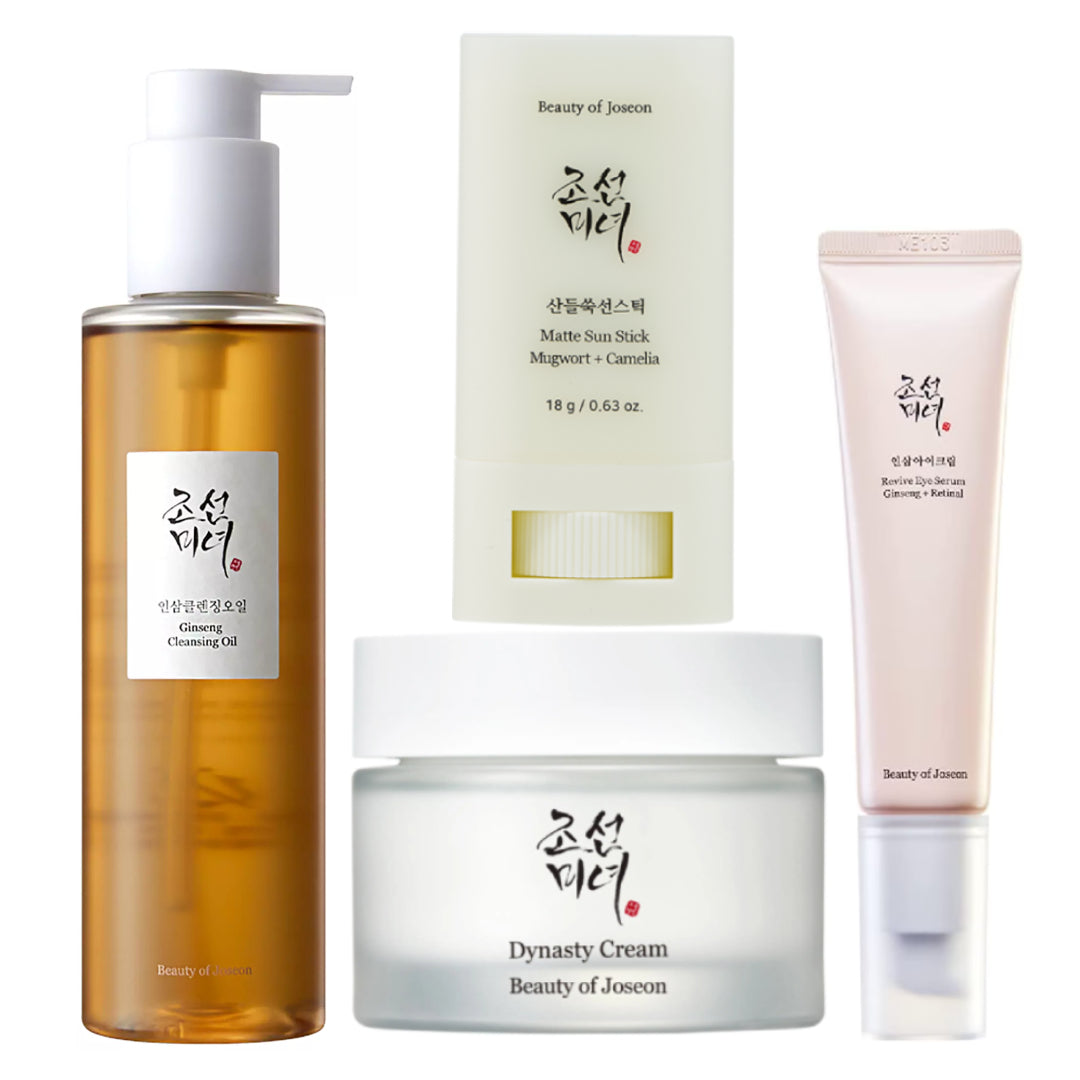 Pack Complet Beauty of Joseon – ( Ginseng Cleansing Oil + Revive Eye Serum (Ginseng + Retinal) + Dynasty Cream + Matte Sun Stick Mugwort + (Camellia))