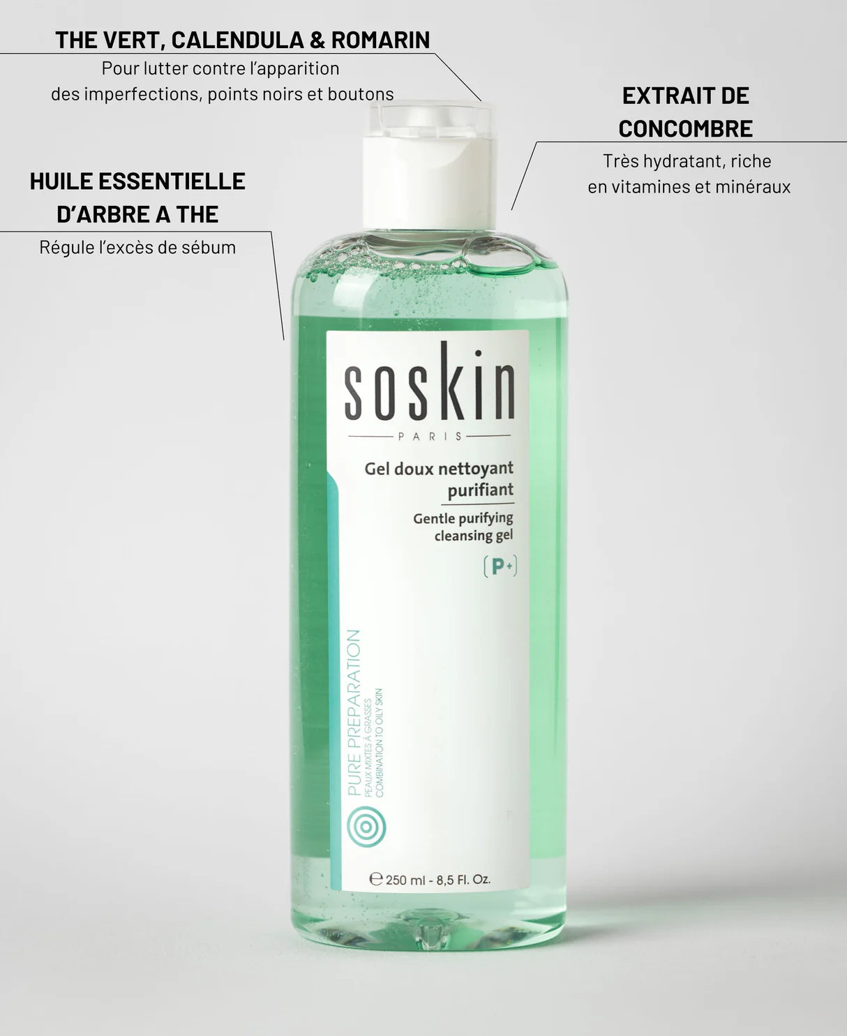 SOSKIN Gel doux nettoyant purifiant Gentle purifying Cleansing Gel 250ml