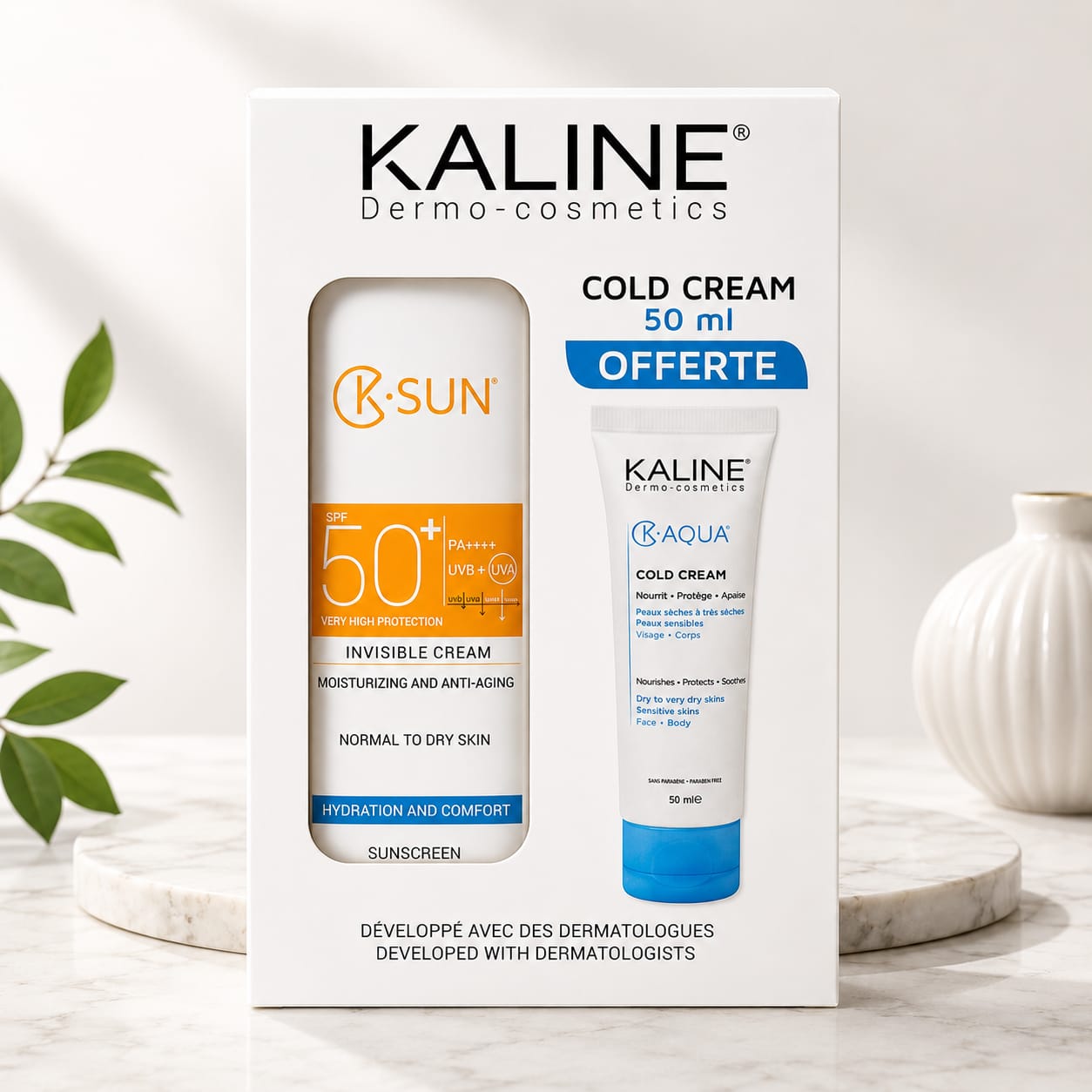 Kaline K-Sun SPF50+ Invisible Fluid Cream – Protection Solaire Efficace + Cold Cream Offerte